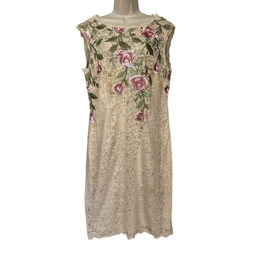 Adrianna Papell Dress Womens 16 Beige Embroidered Floral Lace Sheath Cocktail
